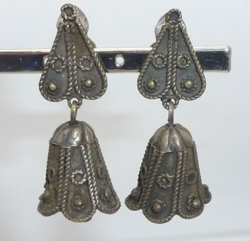 Egyptian Revival Etruscan Solid Silver Bell Earrings Dangle Magical Protective - Imagen 1 de 10