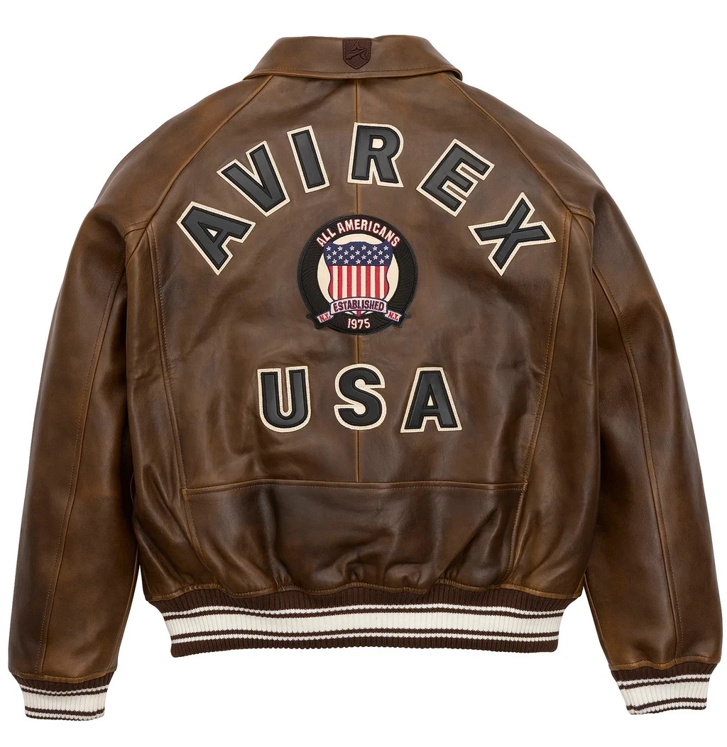 Men Avirex Brown Real Bomber American Flight Jacket Leather Jacket - product detail image 1