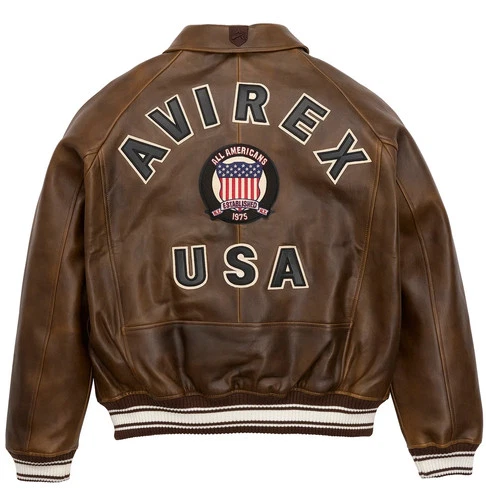 Men Avirex Brown Real Bomber American Flight Jacket Leather Jacket video thumbnail