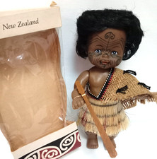 Vintage Souvenir Doll, Parrs New Zealand Maori Costume Face Tattoo Doll, Boxed