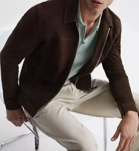 Mens Brown Vintage Suede Leather Jacket Slim Fit Bomber Biker Trucker Jacket L