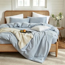 Light Blue Striped Duvet Cover Set Queen Size 3 Piece 100 Washed Cotton Linen