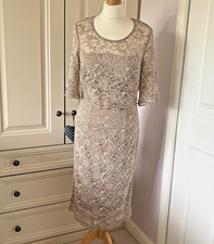 Gina Bacconi Beige Lace Straight Knee Length Dress UK 12 Classic Wedding Guest