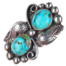 sz7 Large vintage Navajo sterling silver two stone turquoise feather ring