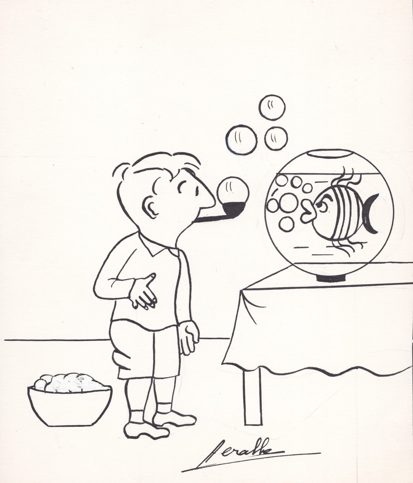 Joven Niño Pescado Jabón Burbujas Caricatura Dibujo 1960