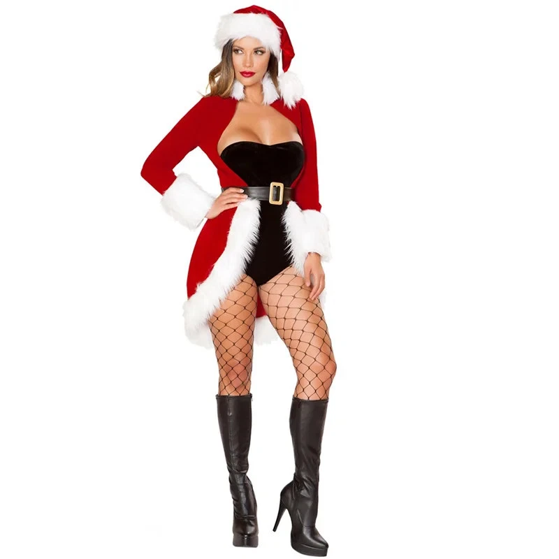 Women Christmas Costume Sexy Santa Claus Dress Red Velvet Coat Jumpsuit Hat Belt - Image 2 of 4