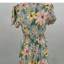 Forever 21 Womens Floral Mini Dress Blue Tropical Hibiscus Smocked Waist Size M