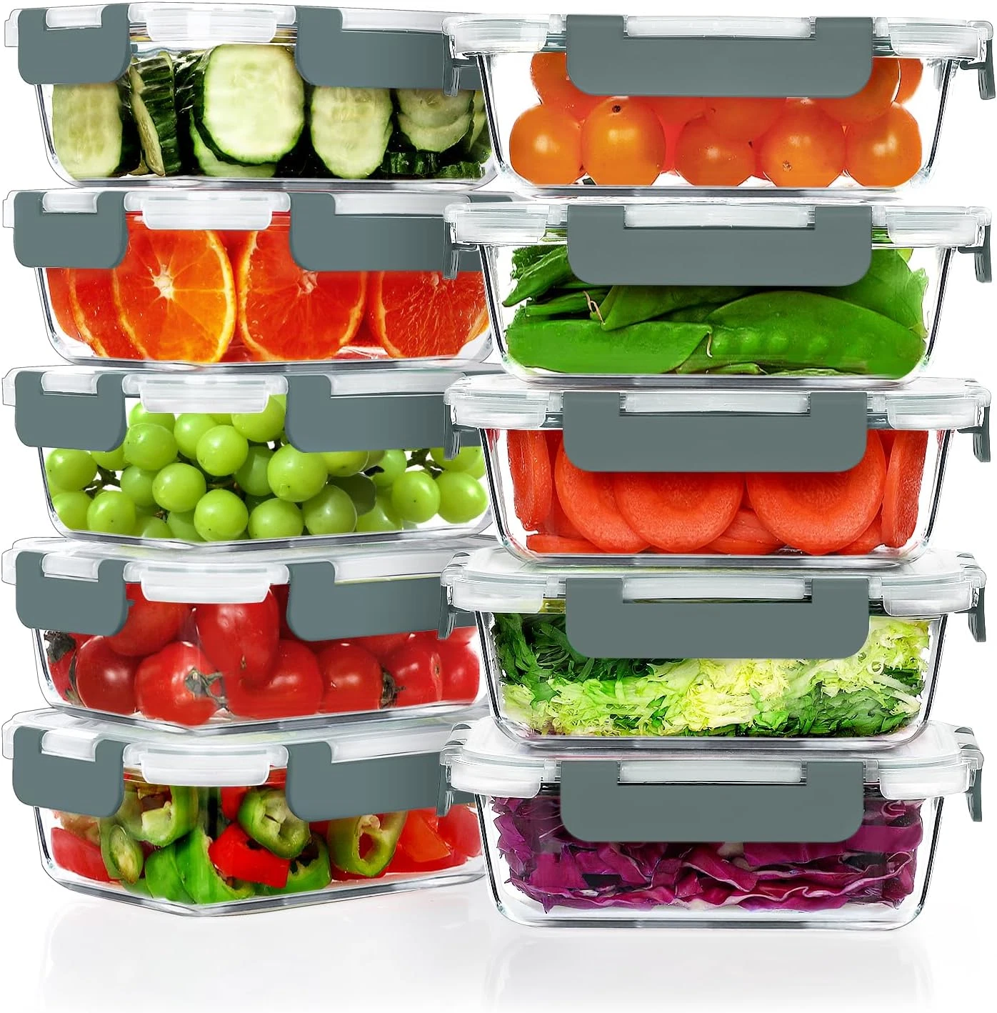 10 Pack 22 OZ Glass Meal Prep Containers, Airtight Glass Lunch Containers Set, G