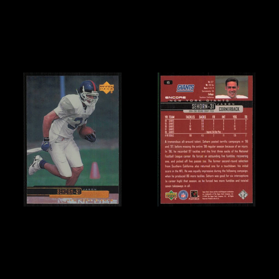 Jason Sehorn #115 1999 Upper Deck Encore New York Giants Football Card NFL NM - Image 3 of 3