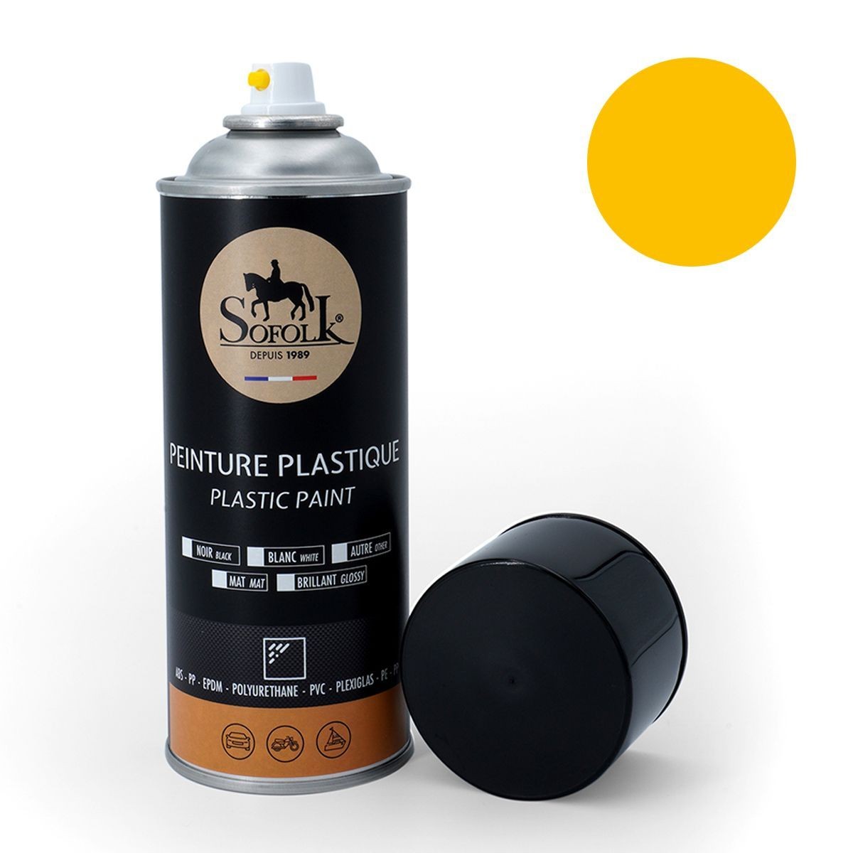 Peinture plastique jaune mat haute résistance aérosol spray PVC ABS