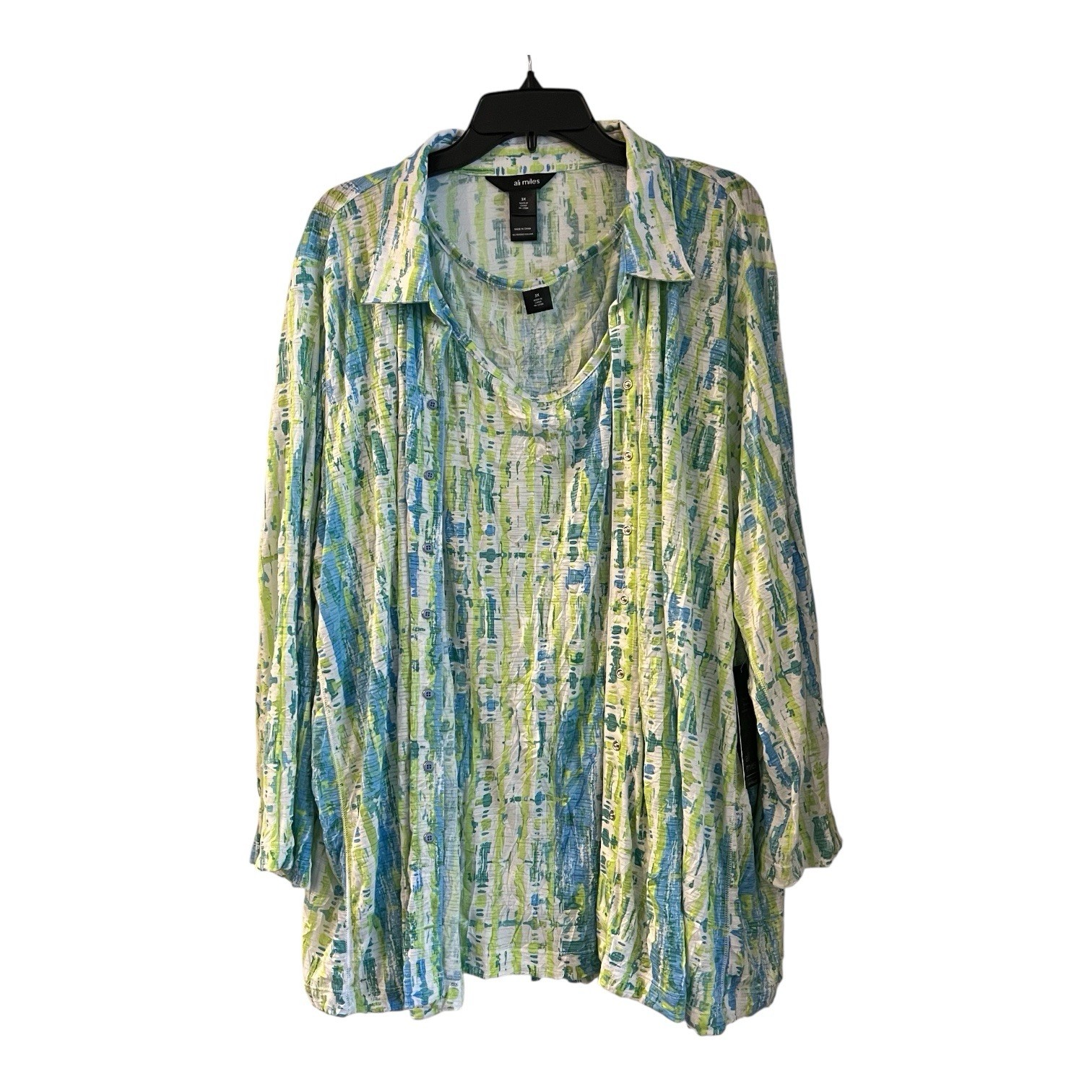 Ali Miles Button Front Blouse Tank 2 Piece Set Women 3X  Green Multi Crinkle Art