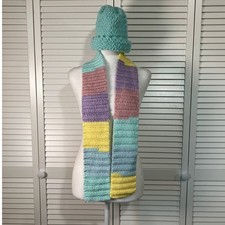 NWT Handmade Crocheted Blue Multicolor Textured Beanie Scarf 56