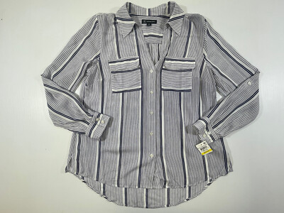 INC Women s Blue Femme Stripe Print V-Neck Collar Pocket Button Down Shirt Top M