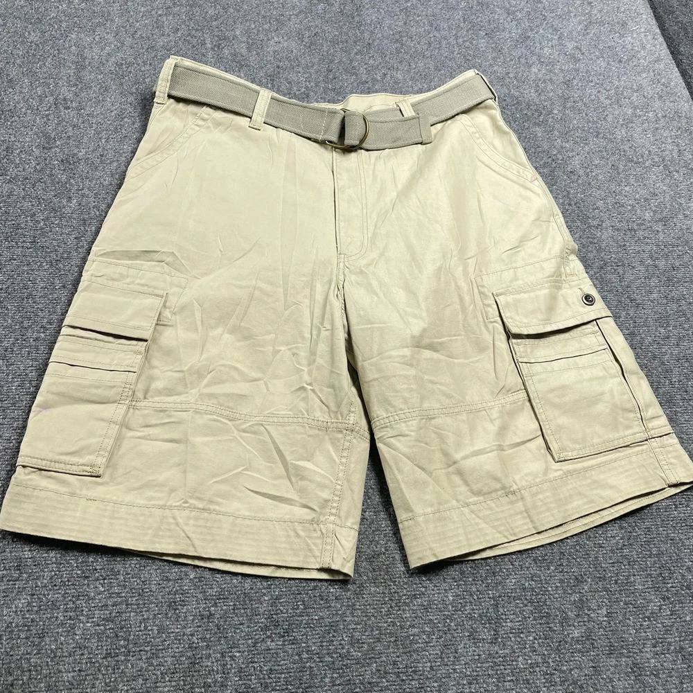 Men's Beige Squad Cargo Shorts Belted Button Closure Back Flap Pockets Size W38