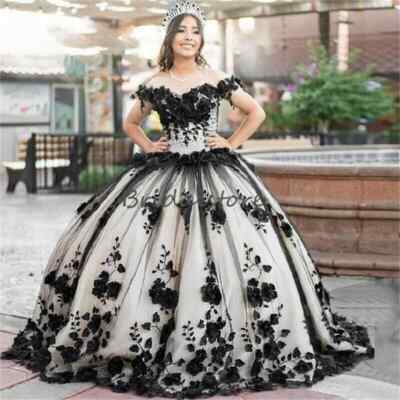 Black 3D Florals Quinceanera Dresses Charro 2024 Luxury Flower Vestidos
