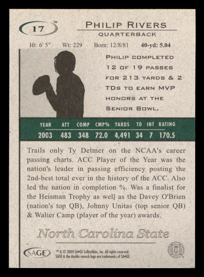 2004 SAGE HIT #17 Philip Rivers - Image 2 of 2