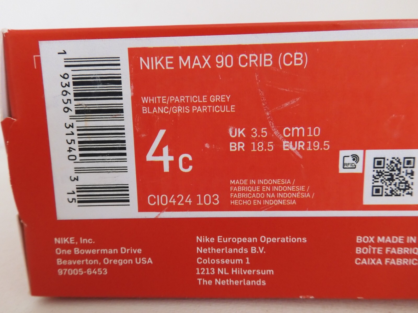PONY Nike Air Max 90 Culla (Cb) Bianco Grigio Particelle Blu Taglia 4c [CI0424 103]