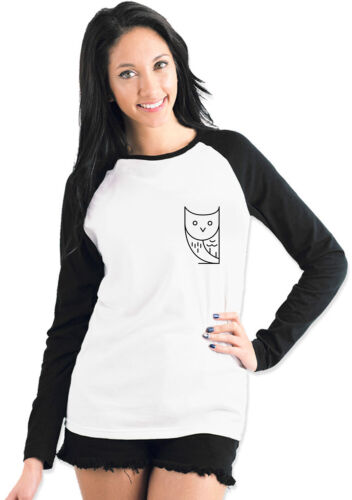 Sideways Owl Breast Print Ladies Womans Funny Pocket Tee Baseball T-Shirt - Picture 1 of 1