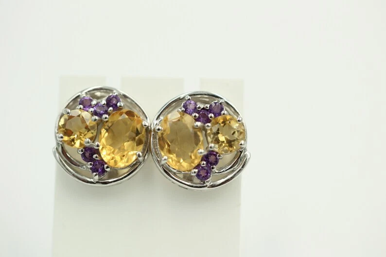 Orecchini Designer In Citrino E Ametista Da 3,9 Carati In Argento 925 - Immagine 2 di 4