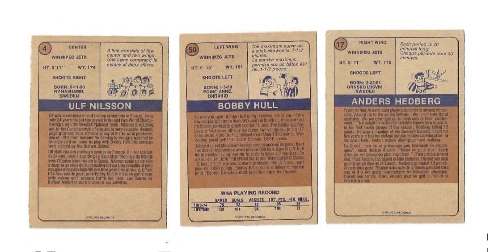 1974-75 O-Pee-Chee WHA #50 Bobby Hull, #4 Ulf Nilsson, #17 Anders Hedberg (RC) - Image 2 of 2