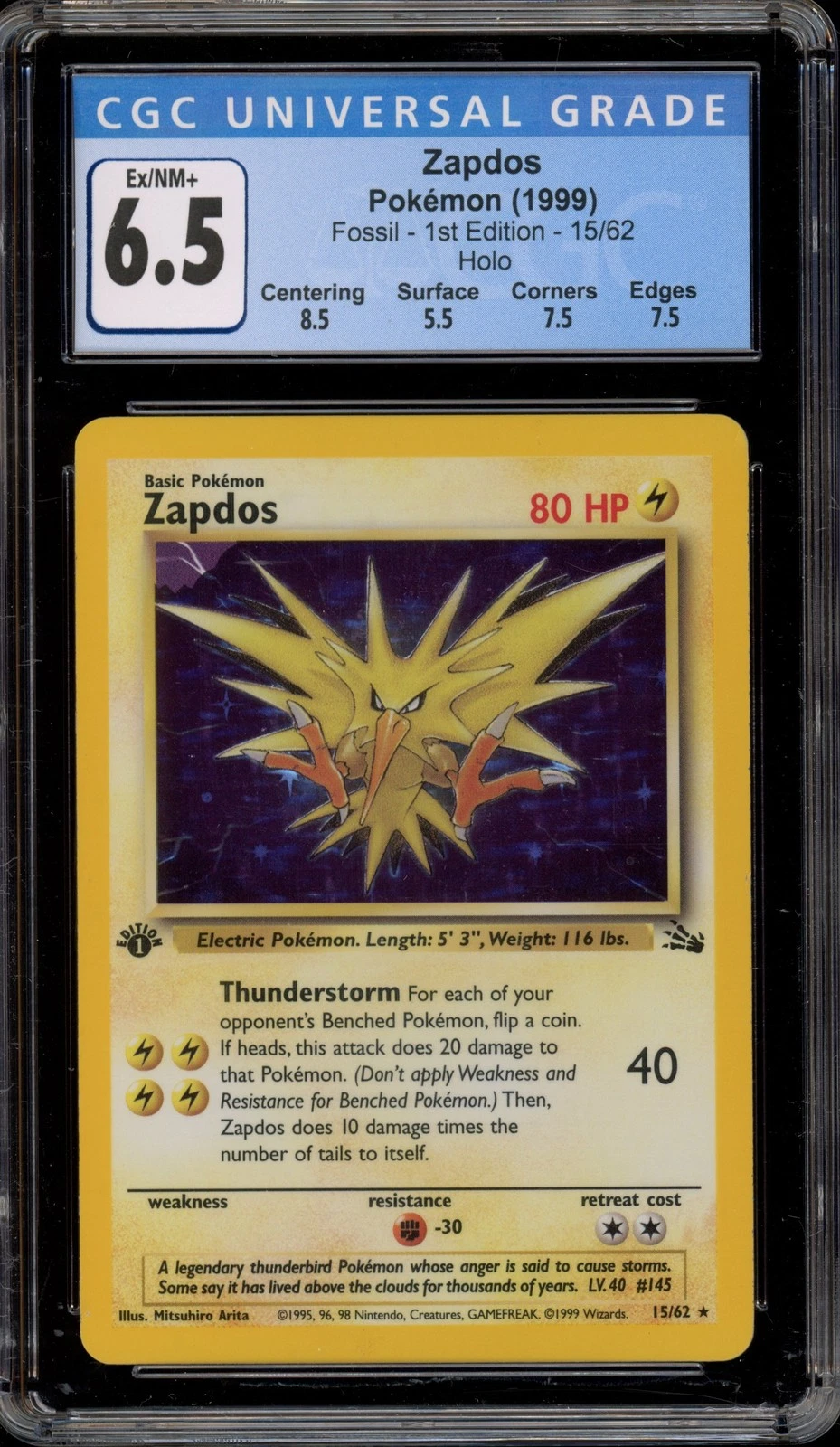 Pokemon Zapdos Fossil 1st Edition Holo Rare #15 CGC 6.5