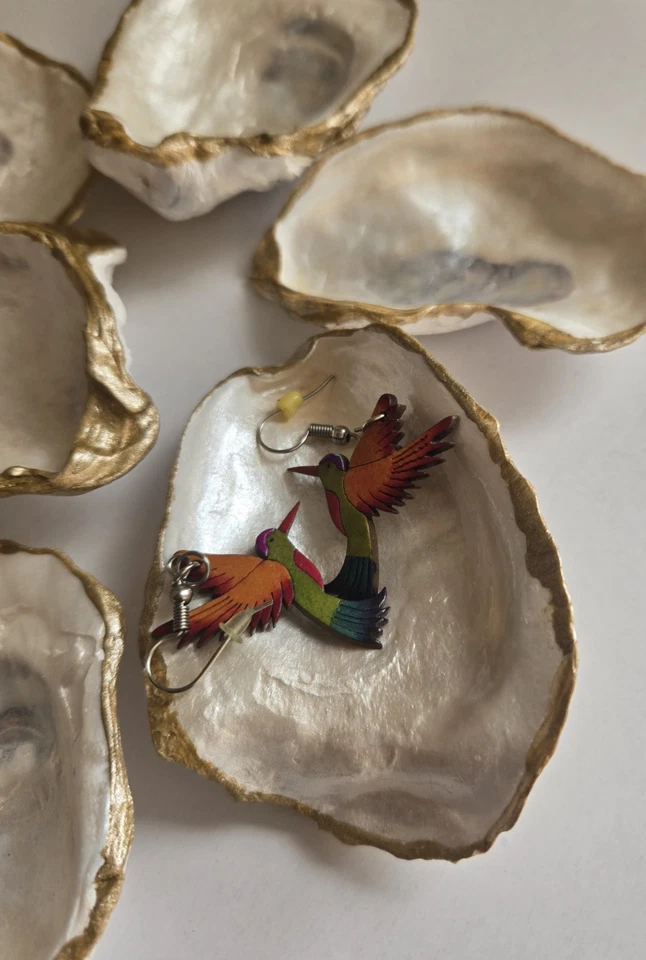 Handcrafted  Decoupaged White Pearl Floral Oyster Shell W/ Gold Accents Set 6  - Image 2 of 4