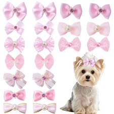 20 PCS Cute Dog Hair Bows with Rubber Bands Elastic Handmade Mix Style Lace R...