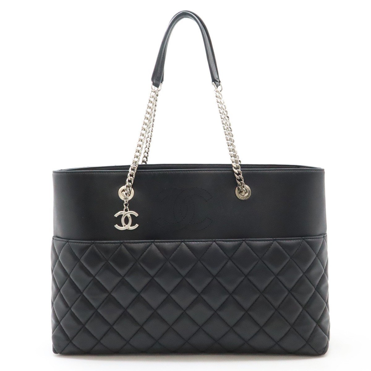 CHANEL Matelasse Coco Mark Tote Bag in Black Lambskin with Silver Chain Shoulder Hardware