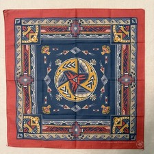 Vintage Wamcraft Bandana USA Made Southwestern Aztec Native Print Coral Blue Yel