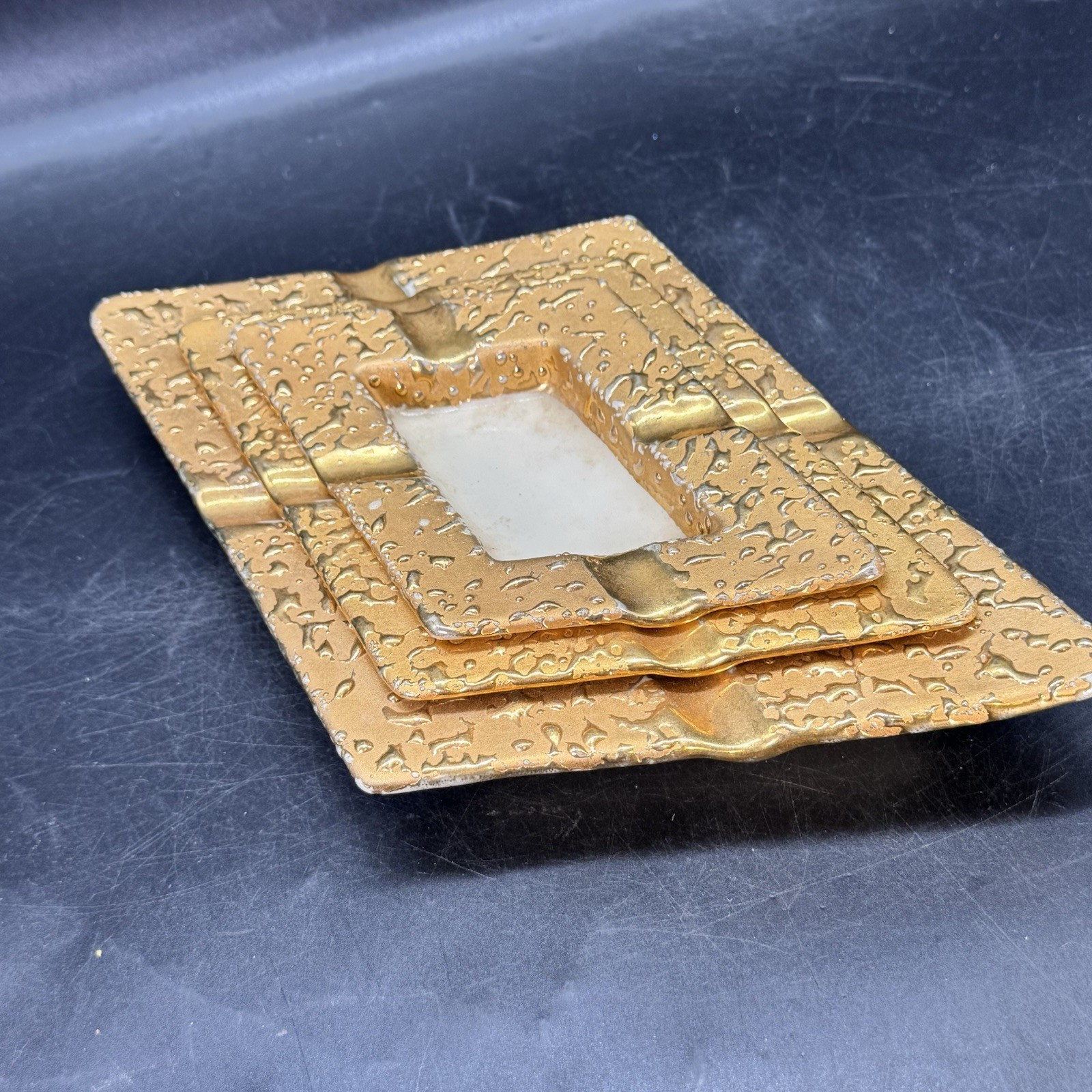 3 Weeping Bright Gold Nesting Ashtrays 22K Gold Parallelogram Shape Vintage MCM