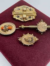 Lot Of 4 ANTIQUED VICTORIAN GOLD FILLED BROOCHES PINS MOURNING CORAL Seed Pearl