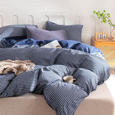 Navy Blue Plaid Twin Duvet Cover Set - Soft 100 Washed Cotton, 2 Pcs