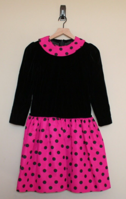Vintage 80s 90s Girls Dress Drop Waist Velvet Size 10 12 Pink Polka Dot  Black | eBay