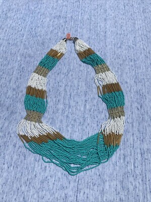 Vintage Tribal Aqua Turquoise & Gold Seed Bead Necklace American Indian  sj8j10