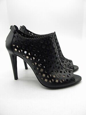 Prada Black Laser Cut Leather Peep Toe Booties Pumps Back Prada Black Laser Cut Leather Peep Toe Booties Pumps Back