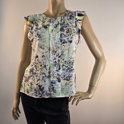 Mexx Top Size 4 Ikat Color Block Floral Ruffle Front Cap Sleeves Mosaic Tile