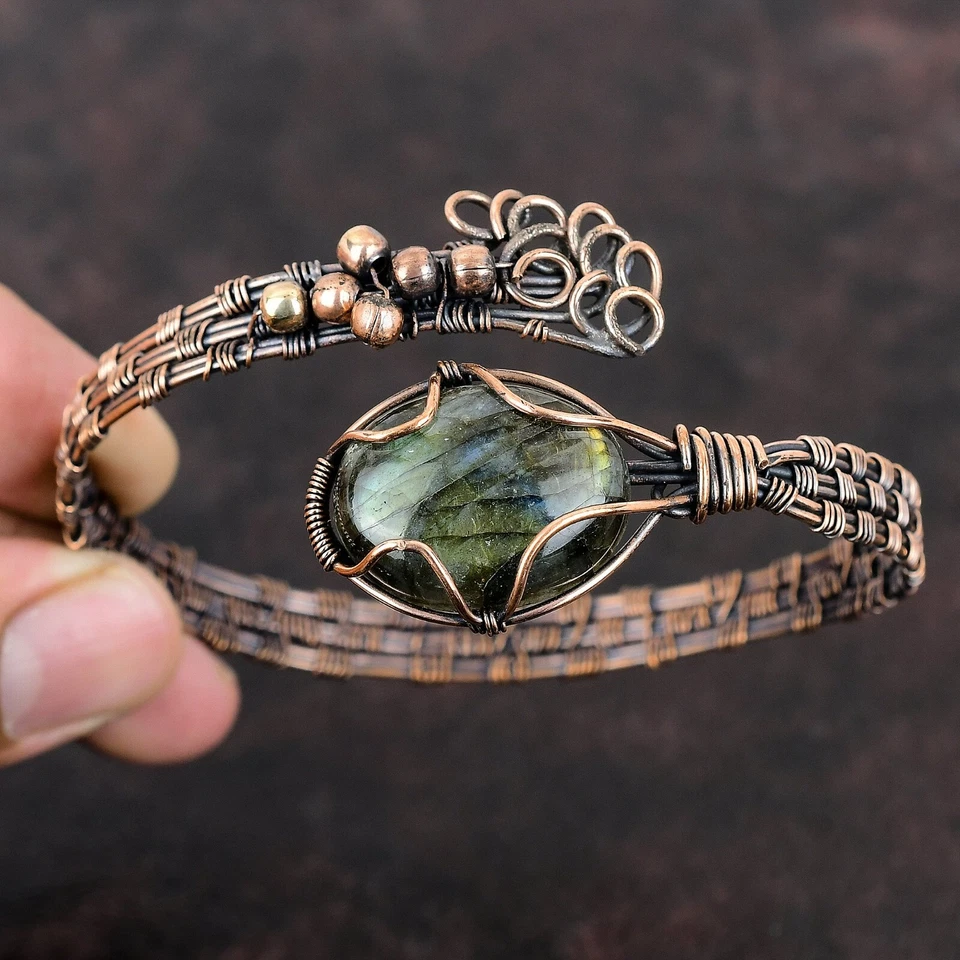 Labradorite Copper Gift For Bridesmaid Wire Wrapped Adjustable Bangle - Image 1 of 4