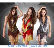 Women Leopard Ballroom Latin Tango Modern Cha Cha Salsa Dance Dress Fringe Skirt