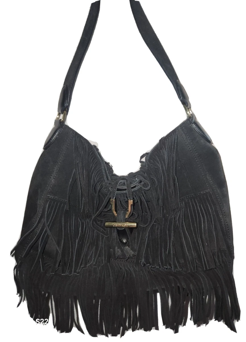 CALVIN KLEIN Handbag Fringe Black Leather Suede Shoulder Bag Designer Hobo Gold