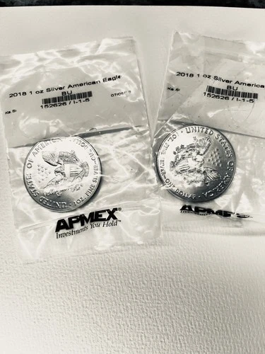 Two - 2018 Silver American Eagle BU Coin 1 oz