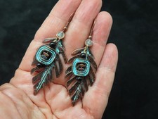 Contemporary Stylized Leaf Dangle Copper  Teal Pierced Earrings