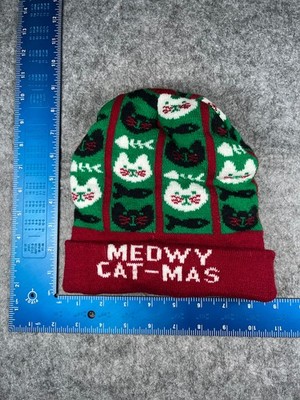 Meowy Cat Mas Christmas Beanie Toque Adult One Size Green Red Knit Acrylic