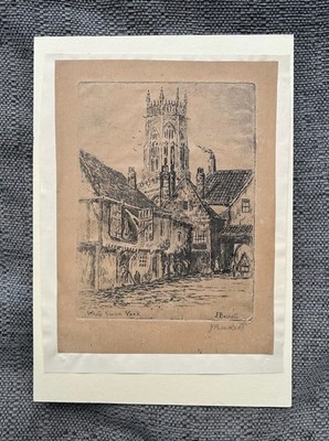 Antiker Bleistift signiert Original Radierung des weißen Schwans in York von J Beckett