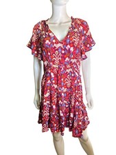 Anthropologie Red Multicolor Floral Ruffle V-Neck Short Sleeve Tiered Dress XS
