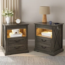 Lvifur Nightstand Set of 2 with Gun Drawers and Charging Station- Rustic Brown