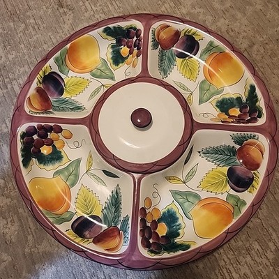 Vtg Large 19'' Round Clay Art Ambrosia Sectioned Server w/ Lid Chip & Dip Fruit