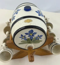Vintage Decanter Barrel Wine Keg Spigot Grapes 6 cups floral caddy mid century