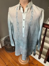 Barong Tagalog Filipino Shirt Mens M/L Blue Raw Silk Long Sleeve Embroidered