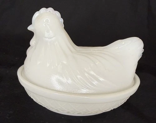 Hazel-Atlas Vintage White Milk Glass Hen On Nest Basket Weave Base, Small Dish