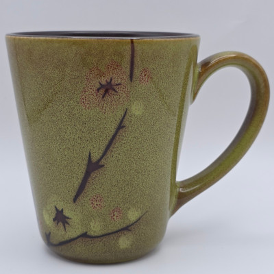 Stoneware Coffee Mug Green Brown Speckled Glaze Floral Branch Blossom Unbranded